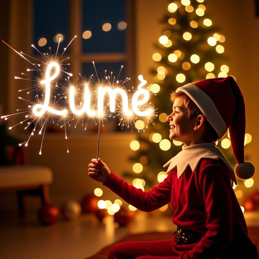 Cozy holiday setting with decorations. Warm lighting creates a joyful atmosphere. A child joyfully uses a sparkler to write Lumé. Christmas tree adorned with lights in the background.