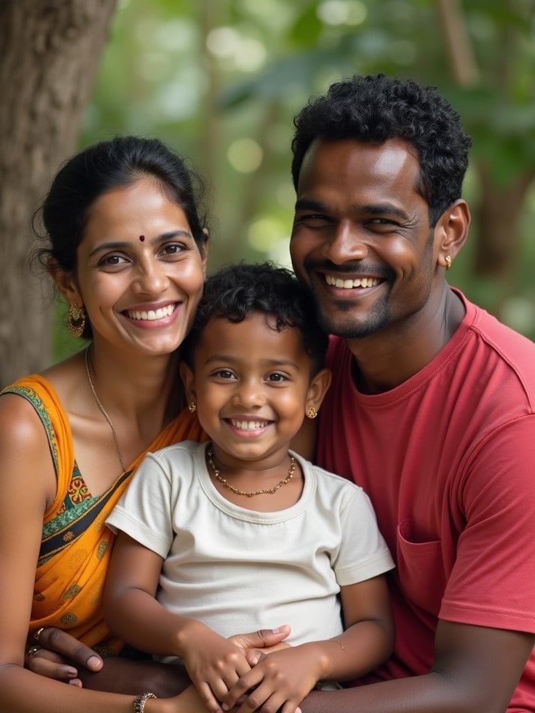 A Sri Lankan family poses together. The family consists of parents and a young child. They are smiling and dressed in traditional attire. The background is lush and green, showcasing a natural environment. Their expressions convey happiness and togetherness.