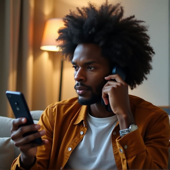 A man talking on the phone and holding another phone, sitting on a sofa.