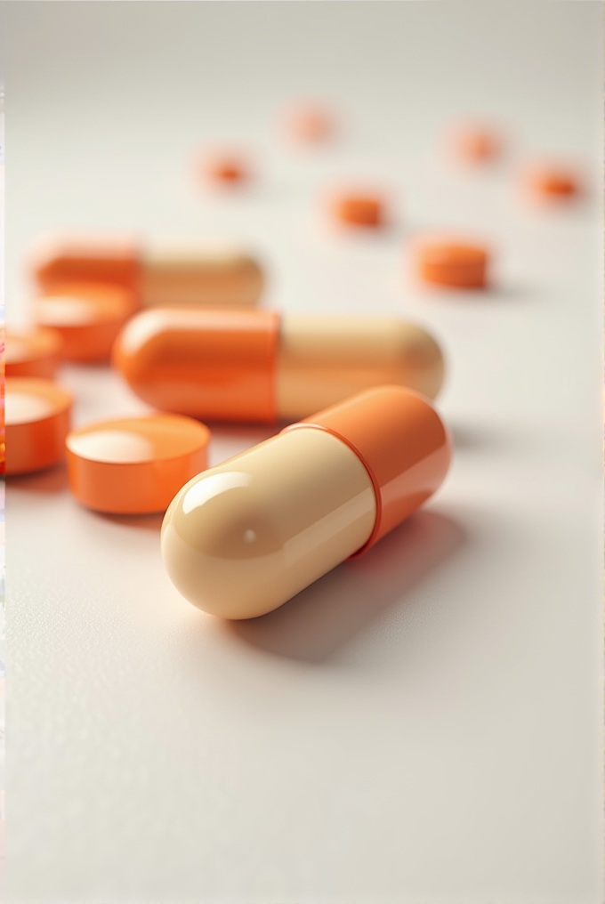 The image shows orange and beige capsules scattered across a smooth surface.