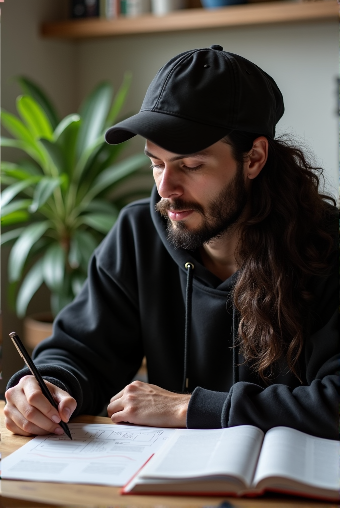 A person in a cap and hoodie intensely studies with books and papers in a cozy setting.