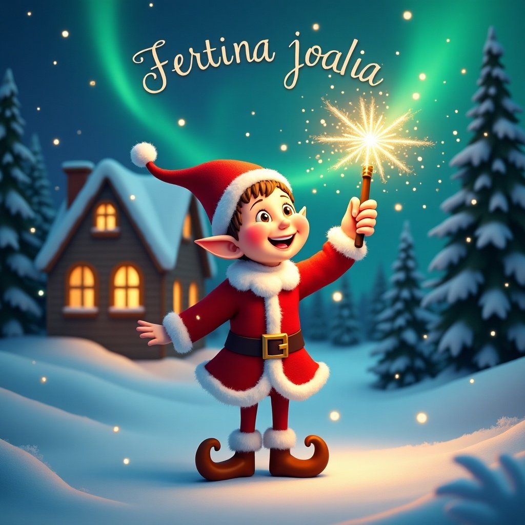 Elf holding a glowing wand creating sparks. Colorful northern lights above. Cozy house in the background. Snow covers the ground and pine trees. Name in sparkling letters. Elf in red outfit with white trim represents Christmas joy.