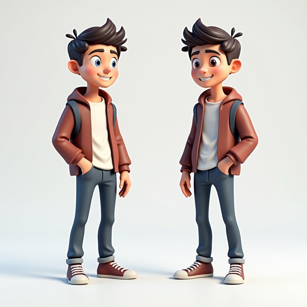 Stylized 2D model of a teenager male figure. Handsome character with side and front view. Neutral pose. Minimalist background. Suitable for animations and character focus.