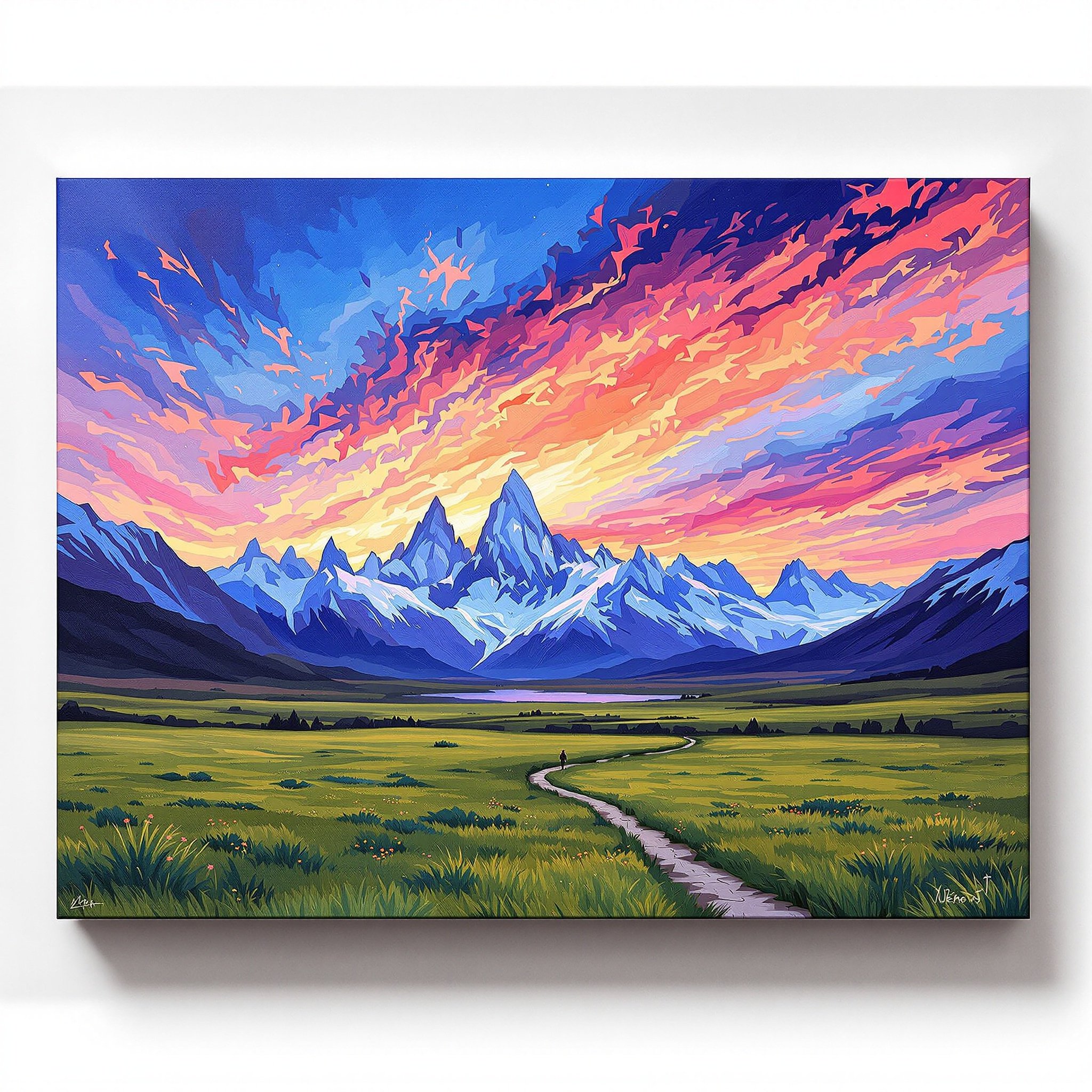 Artwork of an imaginary landscape featuring Mount Fitz Roy in Patagonia. The piece combines Ariel Lee painting style with impressionist brushstrokes. Scene includes vibrant sunset colors with deep blues, oranges, pinks, and purples. Surrounding mountains and green fields create a tranquil atmosphere along a trail through nature.