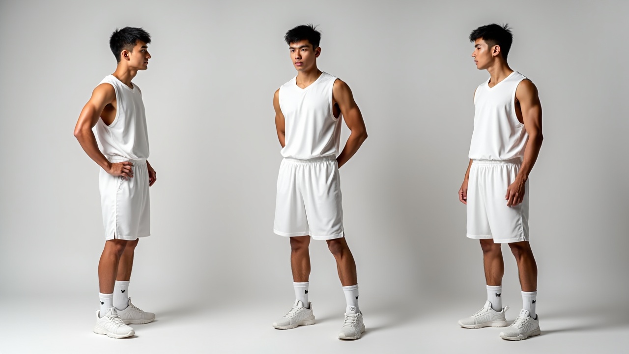 A young male athlete in a white basketball uniform is shown in three different poses: side, frontal, and three-quarter view, against a neutral gray background.