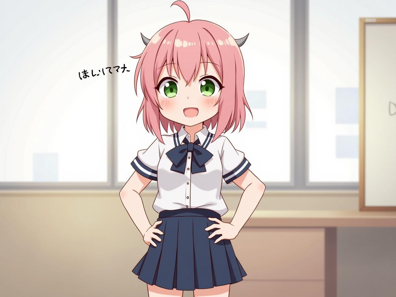 The image features a cute anime character named Anya Forger from the series Spy x Family. She is portrayed with pink hair styled in a bob, accented with small horns and an ahoge. Anya has striking green eyes and is wearing the Eden Academy school uniform, which consists of a white shirt and a dark blue skirt. The setting is a classroom with a window in the background, allowing natural light to highlight her cheerful expression. With her hands on her hips and a broad smile, Anya demonstrates confidence and approachability, making her an engaging character that viewers can connect with.