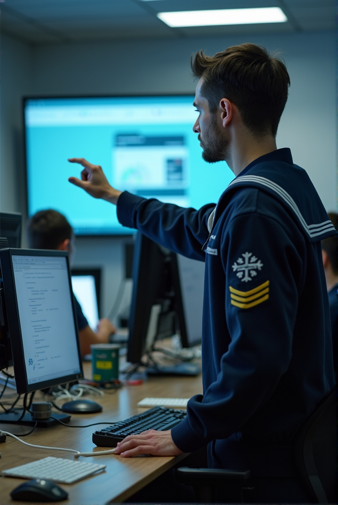 A man in a uniform points at a computer screen while working in an office with multiple monitors.