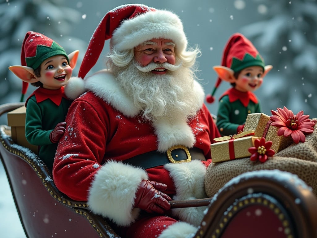 Photorealistic Santa Claus sits in a sleigh. Two elves sit next to him holding a bag filled with presents. Snow falls gently around them. They all have cheerful expressions and a festive atmosphere surrounds them.