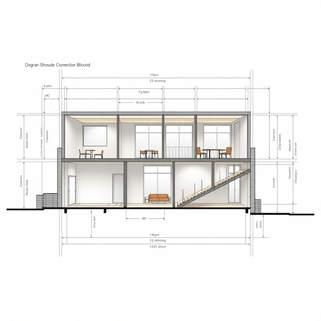 Detailed architectural section plan of a two-story building. Open layout connects multiple rooms on the second floor, gym and library included. First floor features hall and WC with varying ceiling heights. Annotations indicate precise measurements and structural components. Large windows and doors marked to highlight natural light. Staircase links floors with suggested furniture.