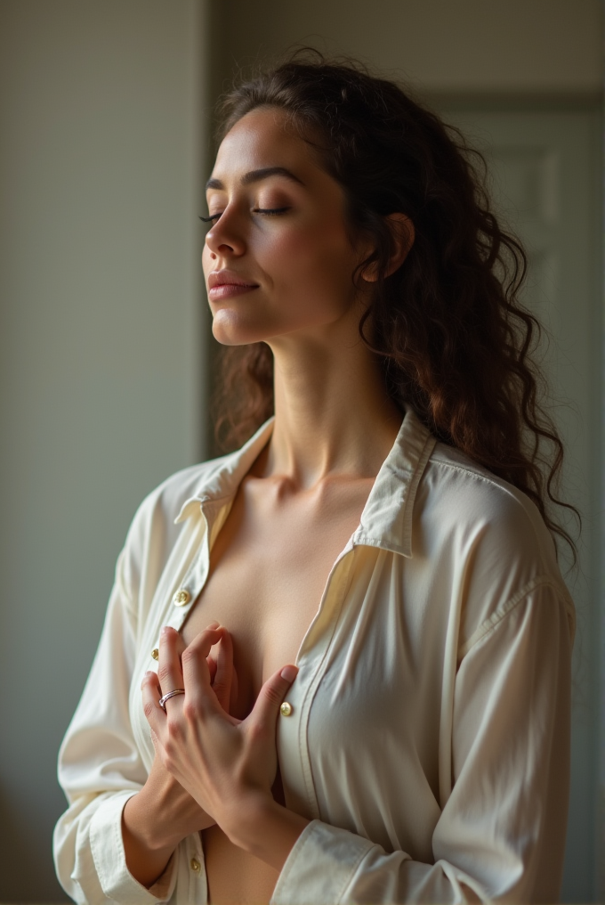 A serene woman with closed eyes stands in gentle light, holding her hands over her heart.