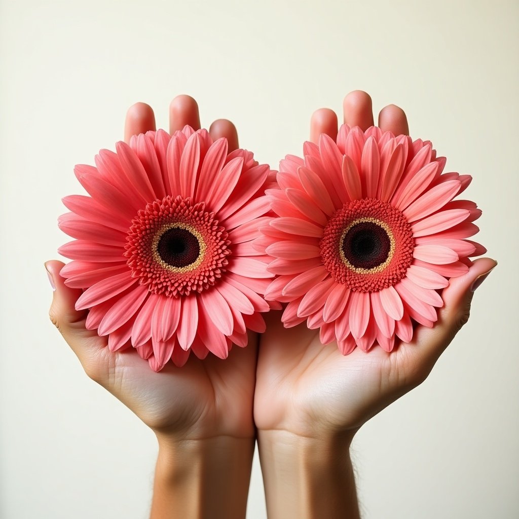 Two hands hold gerbera flowers. The flowers form the letters M and E. Soft lighting highlights the flowers. Neutral background emphasizes the colors.