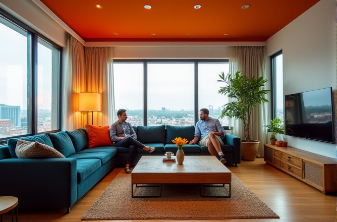 Two people are seated on a stylish teal sectional sofa in a contemporary living room, featuring large windows, a vibrant orange ceiling, and a wooden coffee table with flowers.