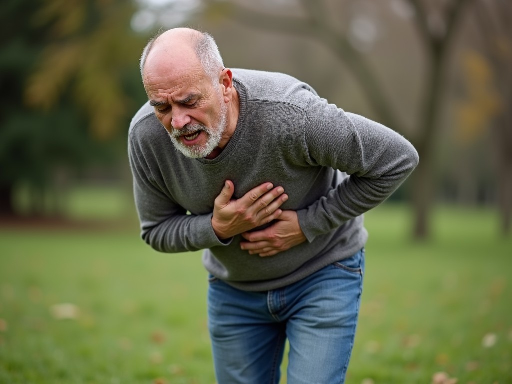 The image depicts an older man clutching his chest with an expression of pain, suggesting a medical emergency like a heart attack. He's outdoors in a park setting, wearing a casual grey sweater and blue jeans. The background is blurred, drawing focus to the man and emphasizing the urgency of his condition.