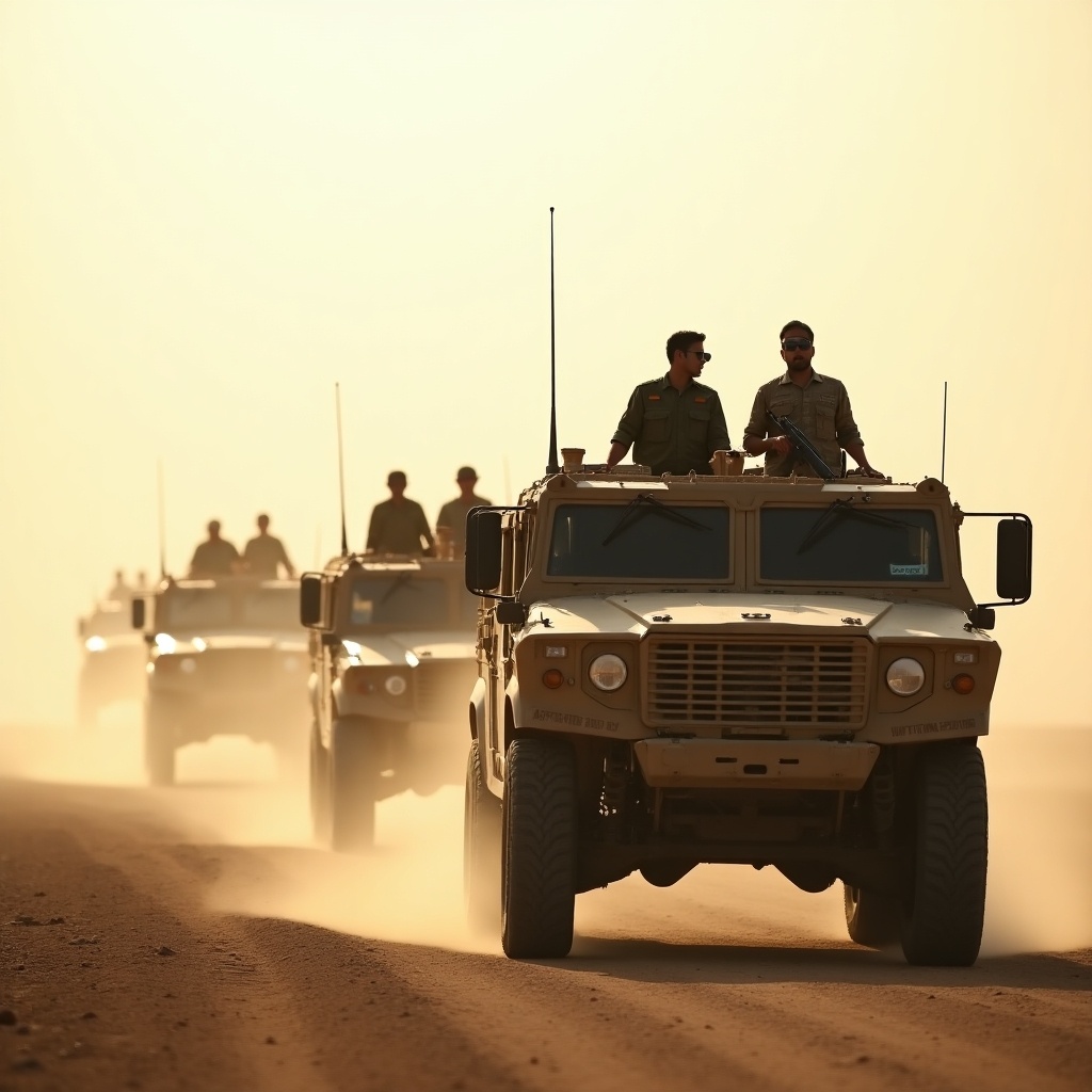 Image shows convoy of armored military vehicles in dusty desert. Soldiers on vehicles ready for action. Bright sunlight contrasts with dusty background. Convoy represents Pakistan army in tactical formation. Dust trails enhance movement and urgency.