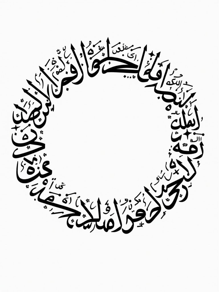 Calligraphy features Arabic names in a circular design. Handwritten style provides a unique artistic representation. The names are seamlessly integrated into a visually appealing format. Elegant and traditional elements are present.