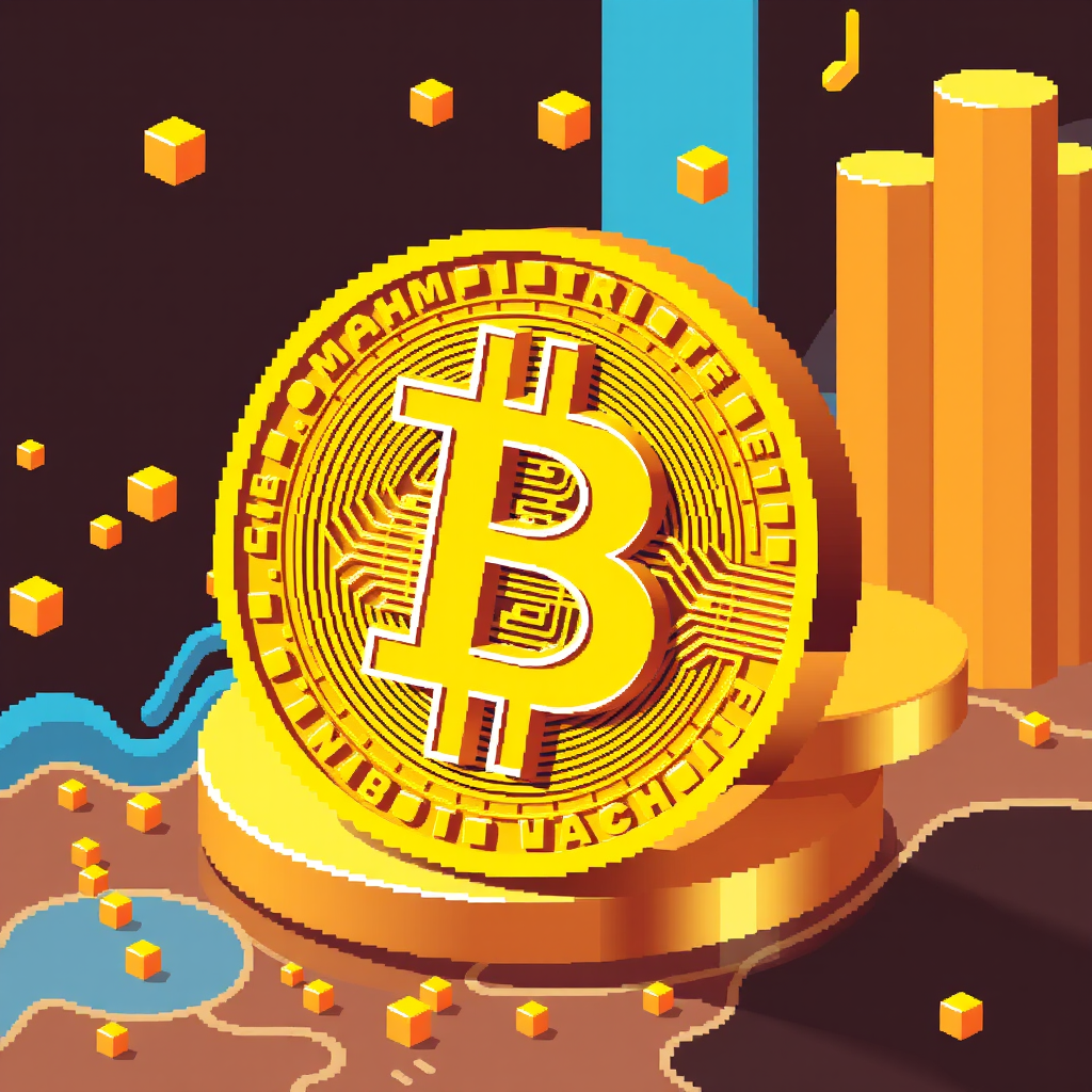 A large, stylized Bitcoin symbol stands on a pedestal surrounded by binary code in a digital landscape.