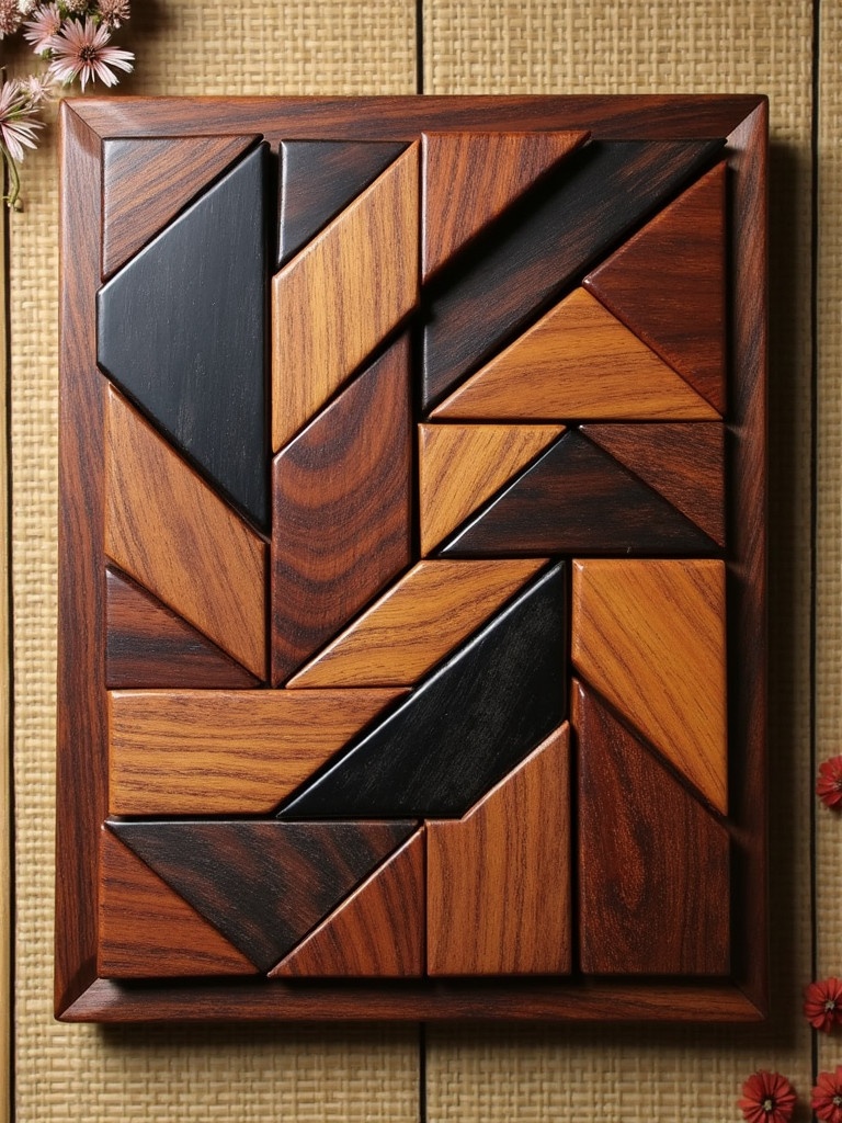 Detailed tangram puzzle composed of various pieces crafted from exotic wood. Displayed flat against a textured background. Represents an Asian aesthetic with intricate design. Captured from a topdown perspective to highlight the puzzle layout.