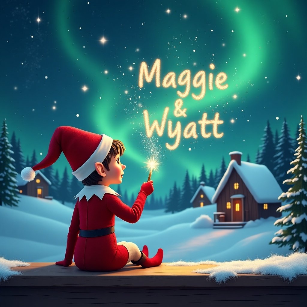 An elf dressed in a vibrant red outfit with a classic pointed hat sits on a wooden ledge. The elf faces away from the viewer, gazing at a stunning sky filled with shimmering Northern Lights. In one hand, the elf holds a sparkling wand, using it to elegantly write the names 'Maggie' and 'Wyatt' in the starry night sky. The background displays a serene snowy landscape adorned with charming, illuminated houses and tall evergreen trees, enhancing the wintry wonder of the scene. This enchanting image evokes feelings of childhood wonder and the joys of the holiday season.