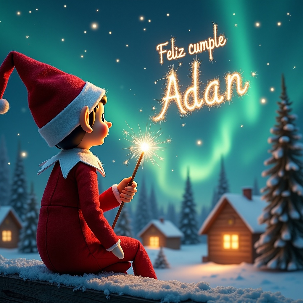 An elf sits on a wooden ledge with its back to the camera, gazing at a magical sky. The elf is dressed in red with a pointed hat and holds a sparkling wand. The elf writes 'Feliz Cumple Adan' in sparkling script in the sky. The background features a snowy landscape with charming little houses and evergreen trees under the Northern Lights.