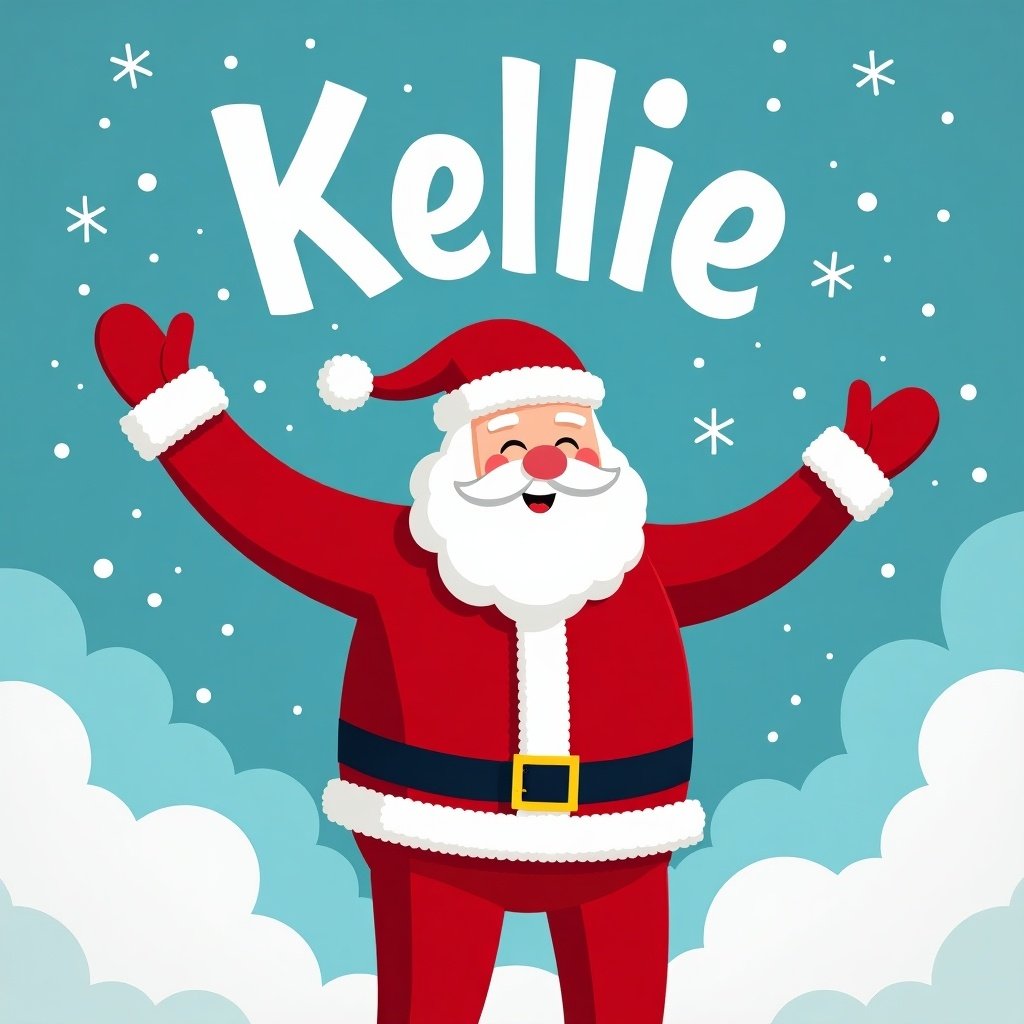 Santa Claus stands against a blue sky. He raises his arms happily. The name 'Kellie' is in large letters above him. Snowflakes fall, creating a joyful Christmas scene.