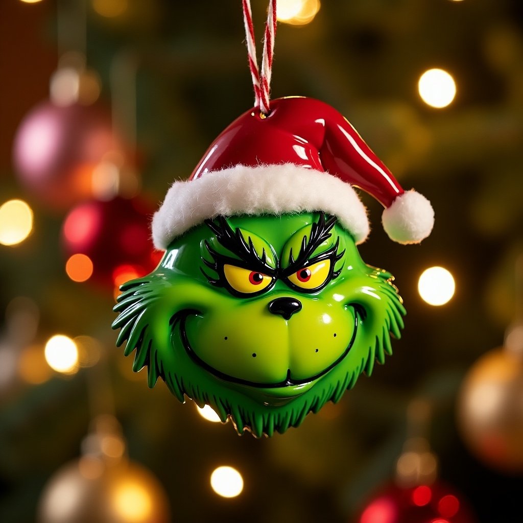 Christmas ornament features Grinch design. Green ornament with exaggerated face and red hat. Background shows Christmas lights and ornaments.