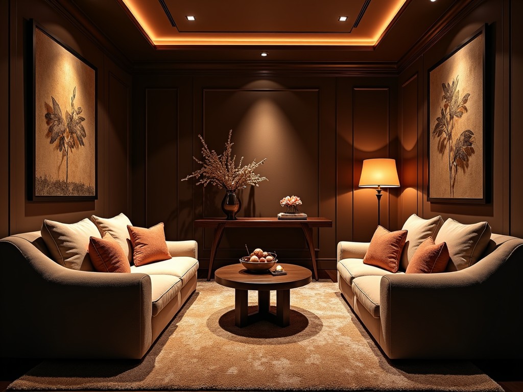 This image depicts a dimly lit room designed for comfort and style. The space features plush beige sofas adorned with orange cushions. A round coffee table sits in the center, surrounded by decorative items, enhancing the cozy atmosphere. Wall-mounted art depicting palm leaves adds a touch of elegance. The warm lighting creates a welcoming ambiance, inviting relaxation and conversation.