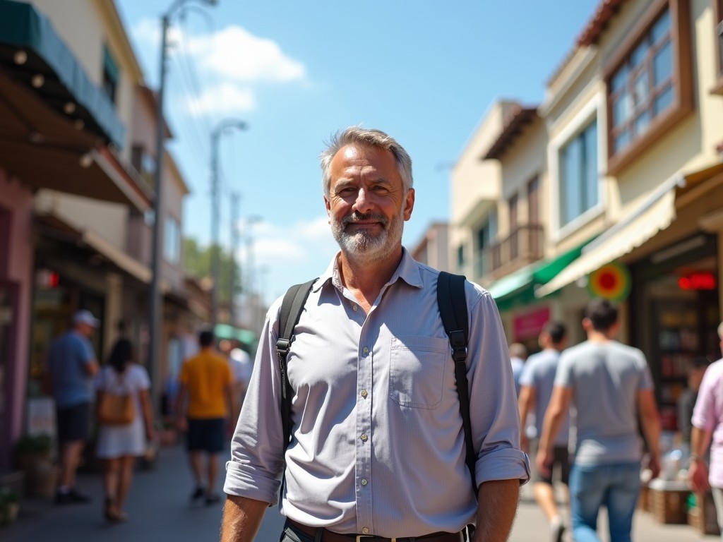 A middle-aged man stands confidently on a bustling street with shops lining both sides. The sun casts bright rays, highlighting his smiling face and relaxed demeanor. People can be seen walking in the background, adding to the lively atmosphere of a vibrant marketplace.