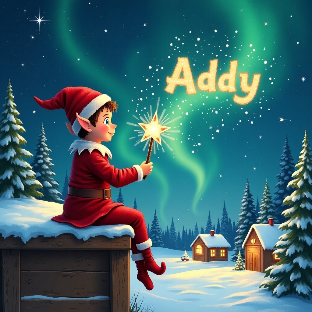 An elf gazes at a magical sky. Dressed in a red outfit, the elf holds a wand and writes 'Addy' in the sky. The scene features a snowy landscape with houses and evergreen trees under Northern Lights.