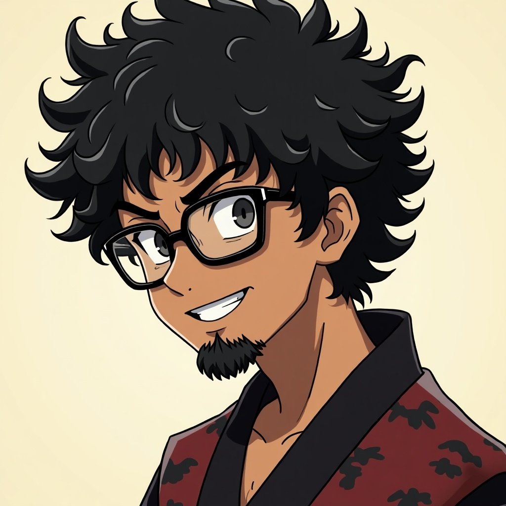 Anime style artwork features a youthful male Samurai character. Character has brown skin and very curly black hair. Character is illustrated wearing a traditional outfit with a stunning smile.