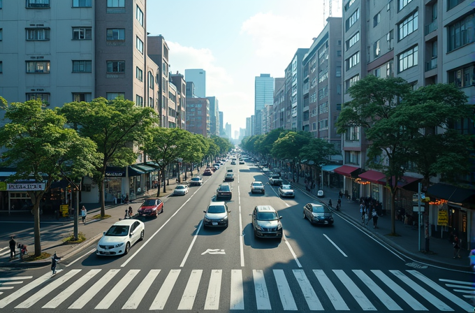 A bustling city street lined with trees and buildings under a clear blue sky.