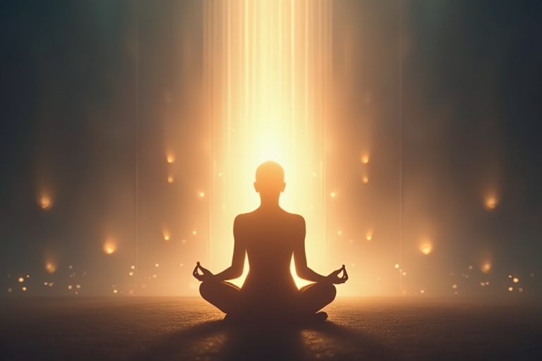 A person sits in a cross-legged position. Bright rays of light shine from their body. The scene reflects inner strength. A calm atmosphere surrounds the figure.