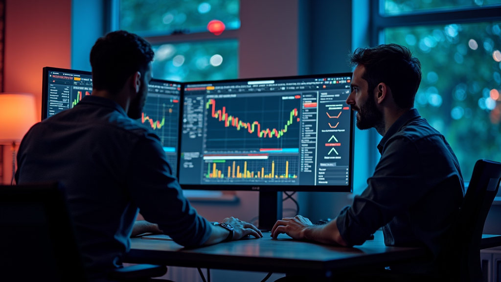 Two individuals in a dimly lit room analyze complex financial charts and data on multiple computer monitors.