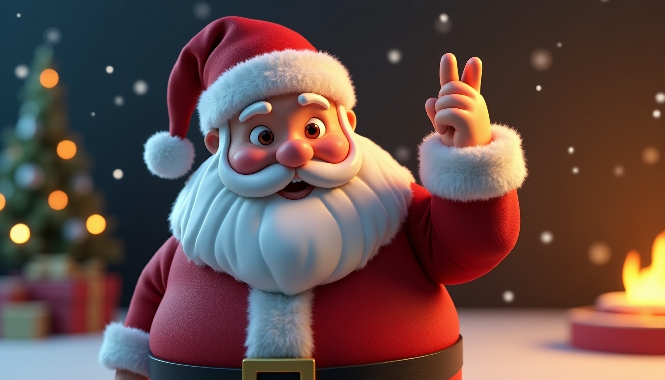 A 3D animated character resembling Santa Claus stands with a friendly gesture. The background is festive with a decorated Christmas tree and soft lights. The character is smiling and dressed in traditional Santa attire with red and white colors.