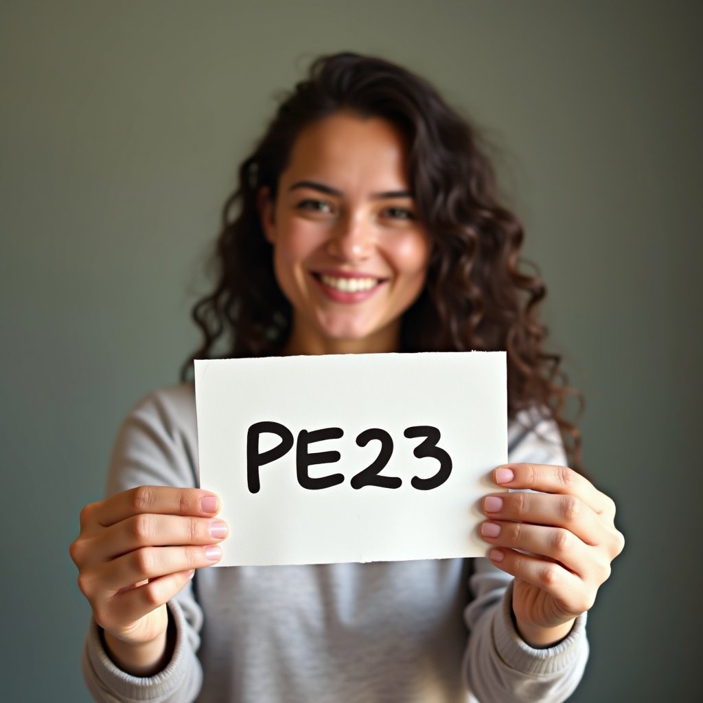 A person smiles holding a paper with 'PE23' handwritten. The scene conveys positivity and enthusiasm in a well-lit environment.