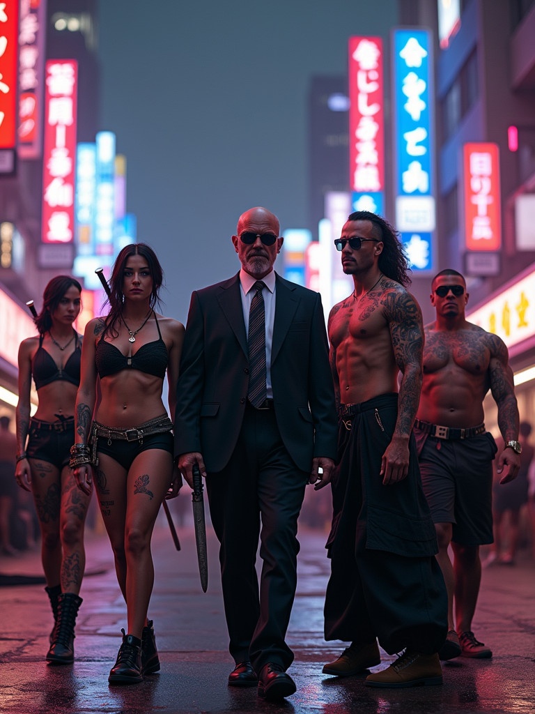 Highly realistic digital artwork showing a meeting of five powerful gang leaders. Leaders stand in an urban plaza surrounded by neon-lit buildings. Tension fills the air as leaders glare at one another. First leader is a muscular woman with tattoos and sword. Second leader is a bald gangster king in a white shirt. Third is a thin teenager with chaotic energy and tattoos. Fourth is a young man in a tailored suit with flowing hair. Fifth is a sumo wrestler with tattoos and sunglasses. Gangs stand behind each leader, heavily tattooed and armed. Dramatic shadows and highlights show their unique features and outfits. Camera angle captures the grandeur and tension.