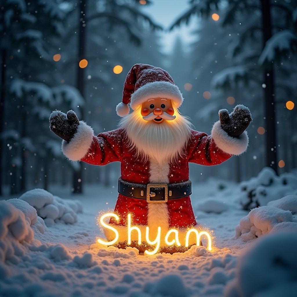 Santa Claus figure stands in a snowy forest. Glowing lights spell the name Shyam. Snow covers the ground and trees. Soft glowing effect surrounds the scene.