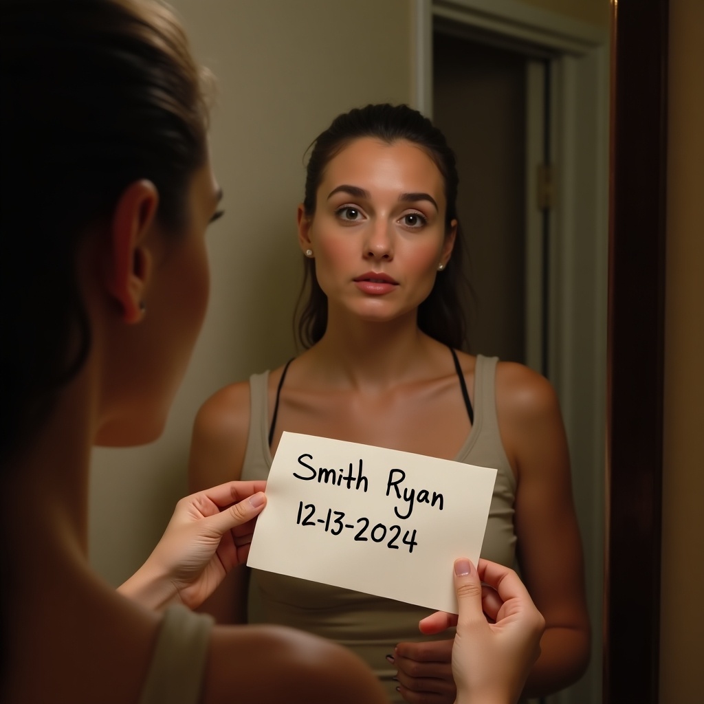 A woman holds a piece of paper in front of a mirror. The paper has the name Smith Ryan and the date 12-13-2024 written on it. Soft lighting creates a warm atmosphere.