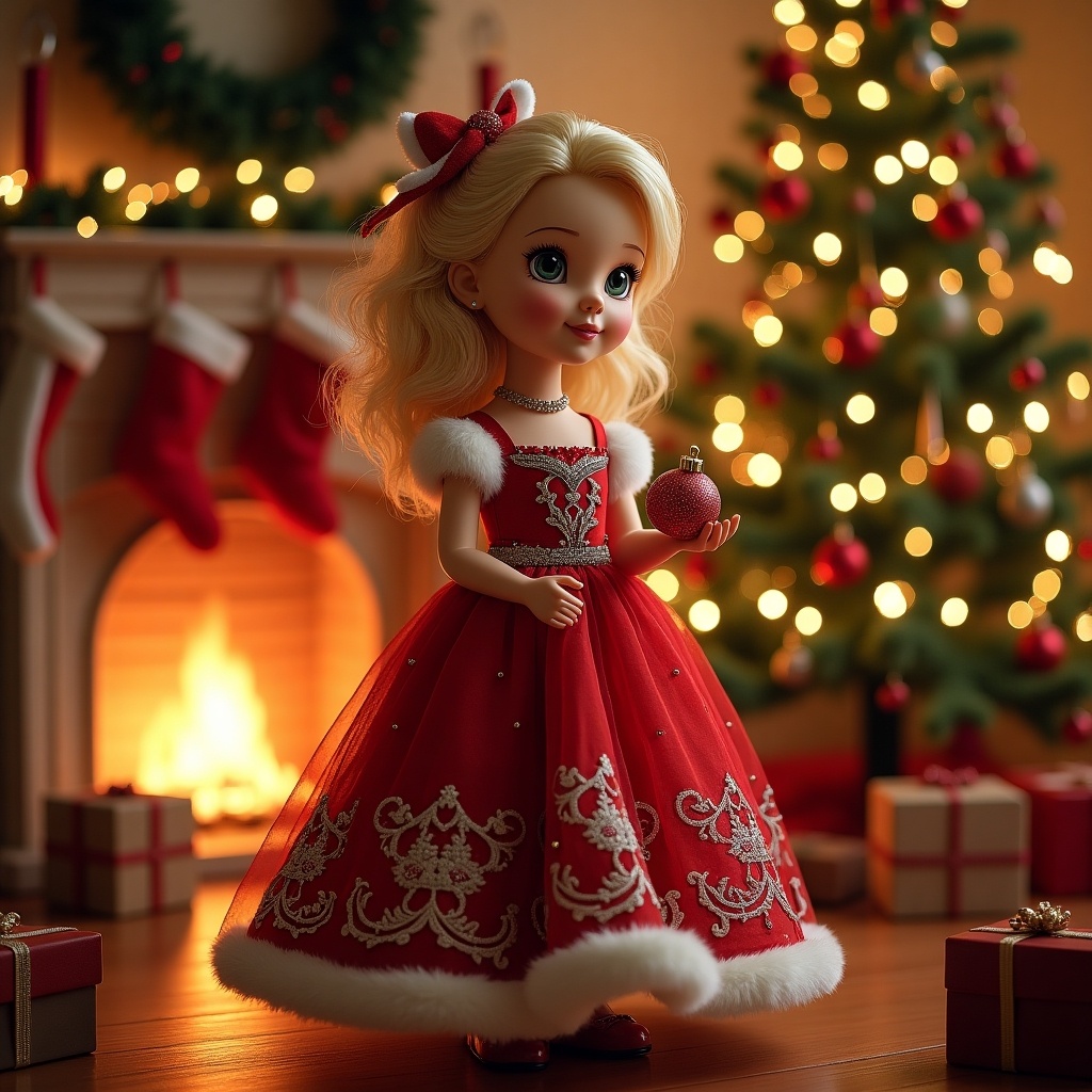 A doll dressed in a red holiday outfit stands in front of a beautifully decorated Christmas tree with presents around a cozy fireplace. The scene is warm and festive, ideal for Christmas celebration.