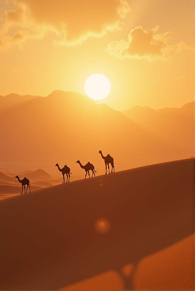 Silhouetted camels traverse a sand dune in a desert under a warm, golden sunset.