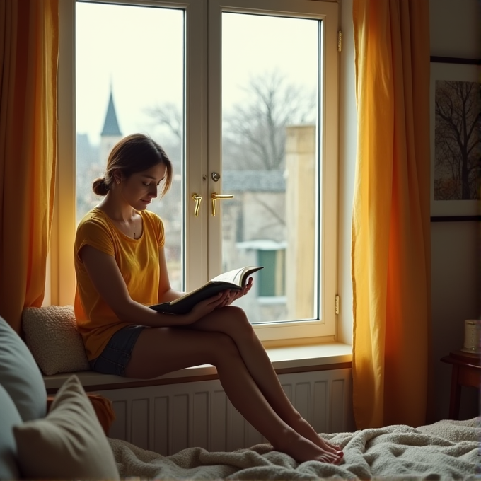 A woman in a yellow shirt reads a book by a large window, framed by flowing yellow curtains, in a cozy room.