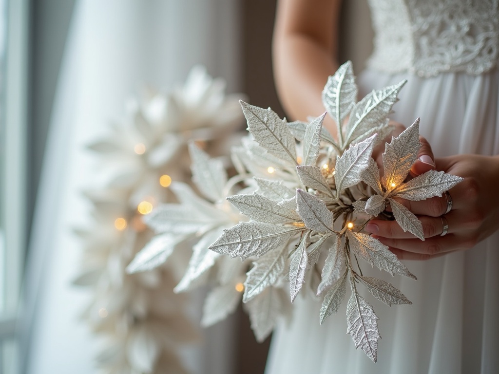 The image captures a close-up of a woman's hands holding a delicate arrangement of glittering silver leaves adorned with small twinkling fairy lights. Her attire suggests a wedding dress, given the intricate lace and white fabric in the background. This composition evokes a sense of elegance, serenity, and celebration, blending natural and ornamental elements beautifully.