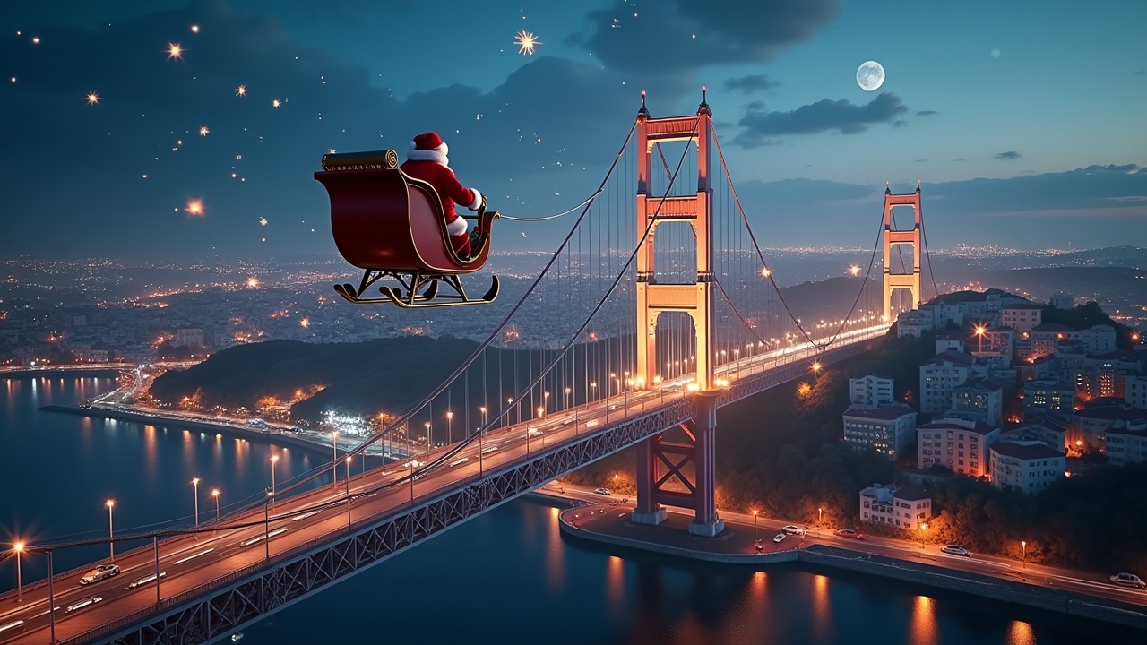 Aerial view of Santa flying on a sleigh over Tagus Bridge. Bridge illuminated with festive lights. Sparkles transform into BIM models of Lisbon landmarks. Ultrarealistic style. Arriflex Alexa capture.