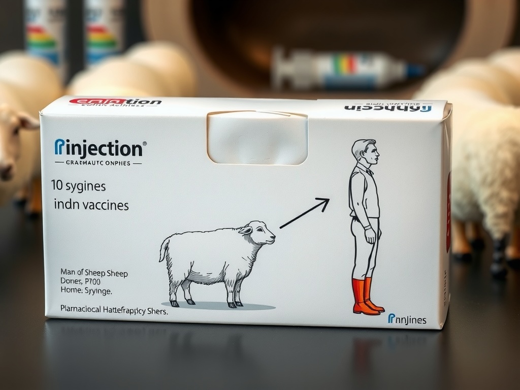 This image shows a box labeled 'injection' with an illustration indicating a transformation from a sheep to a human. The illustration humorously suggests the effect of using the 'indn vaccines.' The packaging text includes playful and nonsensical phrases, creating a satirical commentary on medical marketing or packaging design.