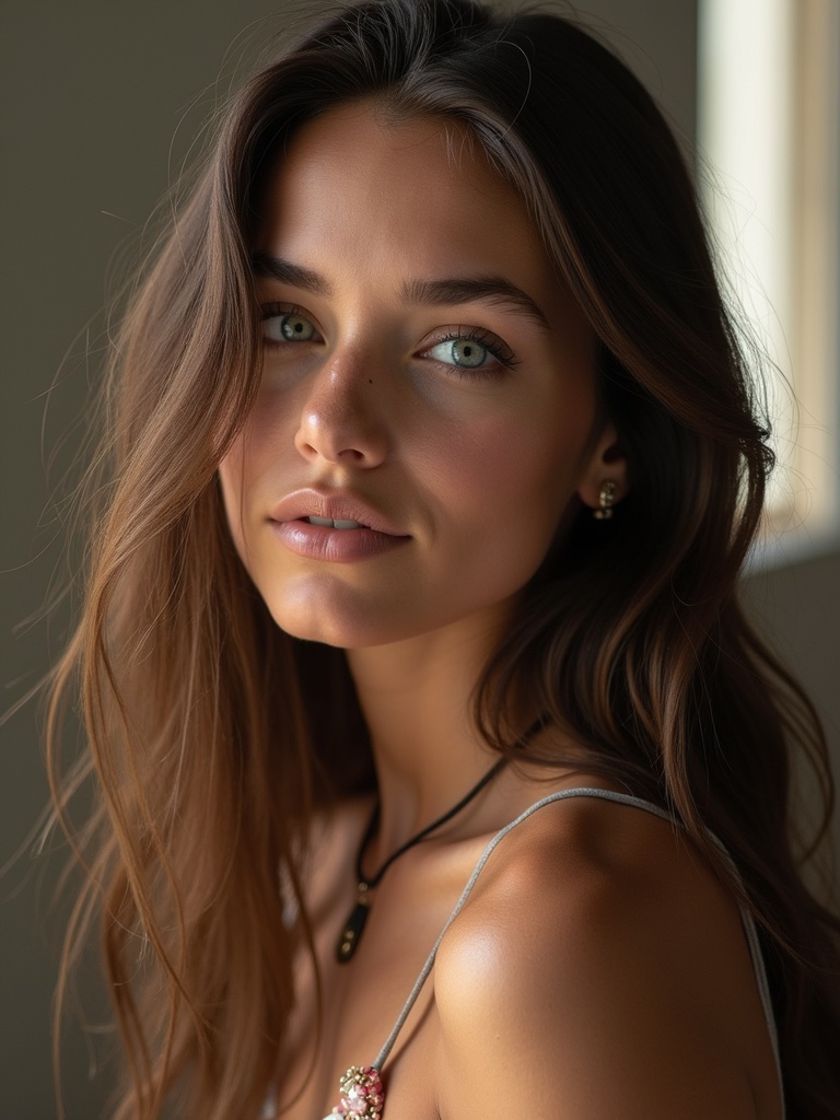 Portrait of a beautiful girl with long hair. Hair flows softly around her. A serene atmosphere. Natural light enhances her features. Ideal for beauty and fashion contexts.