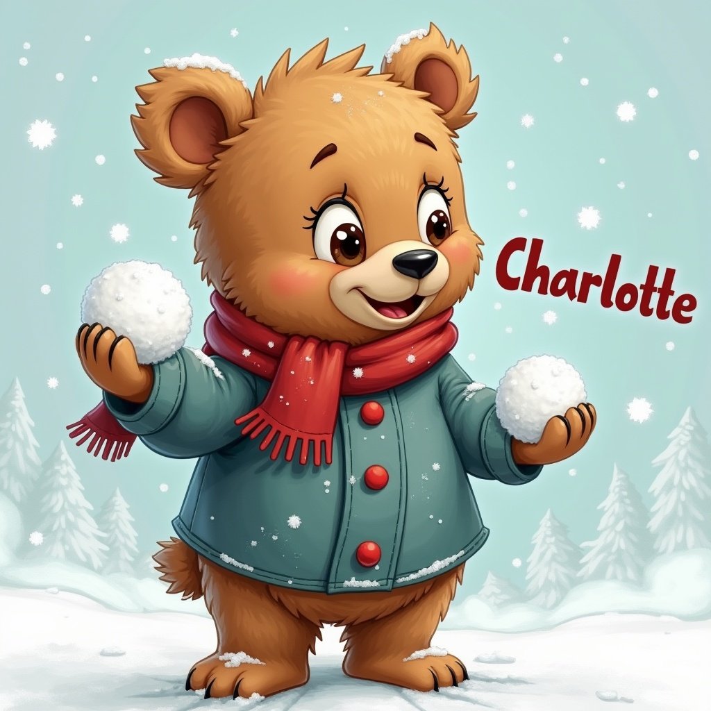 Bear with fluffy fur wearing a teal coat and red scarf holds two snowballs. Character name is Charlotte. Snowflakes fall gently around in a winter setting. Forest background with trees.