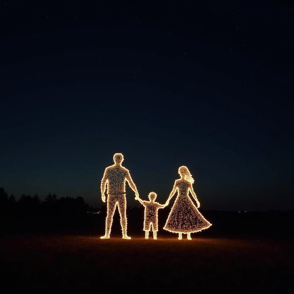 A drone light show with 2000 drones creating a glowing family outline. The scene is at night with a starry sky. The family figures are bright yet not overwhelming, creating a captivating view from the ground.