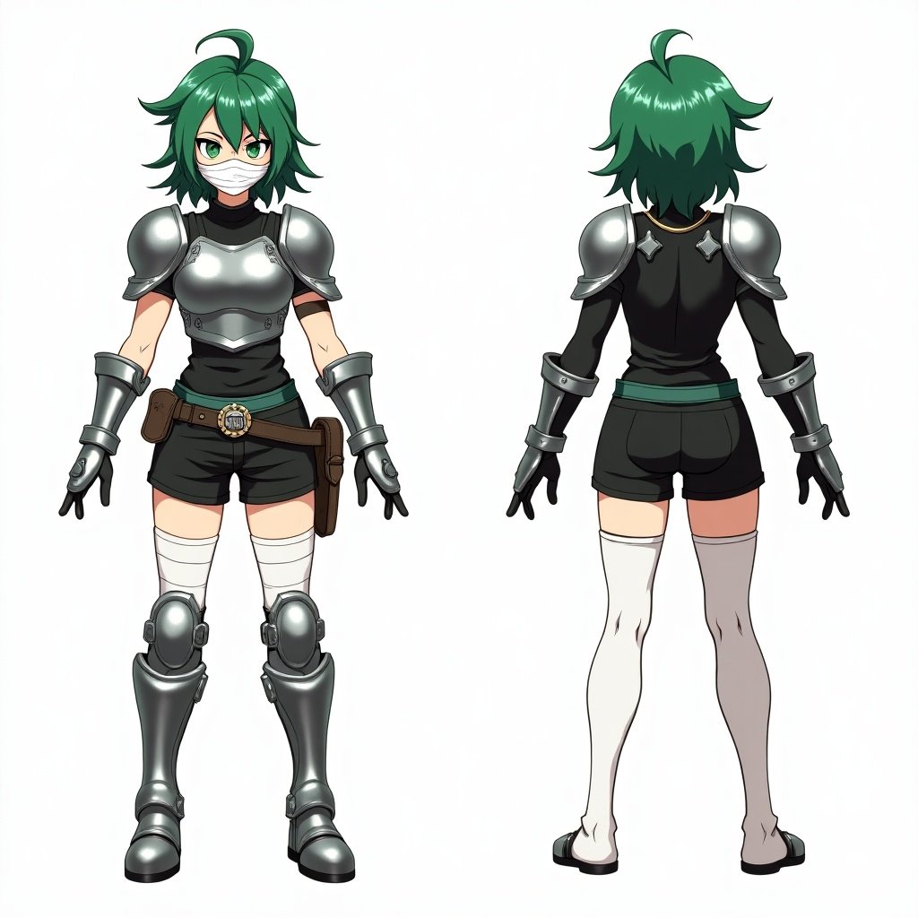 Anime mercenary with green hair. Character has shoulder pads and a chestplate. Black shirt is underneath armor. Short black jeans. Green belt features large silver buckle. Includes metal gauntlets and shin pads. Character wears white tights. Character shown from front side back views.