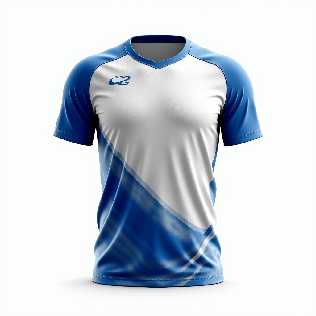 Design features a volleyball jersey. The design includes blue sleeves and a predominantly white body. The shirt displays a modern athletic style.