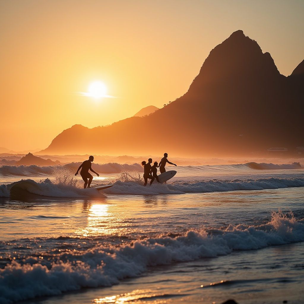 Silhouetted surfers ride waves against a golden sunrise, with mountains in the backdrop.