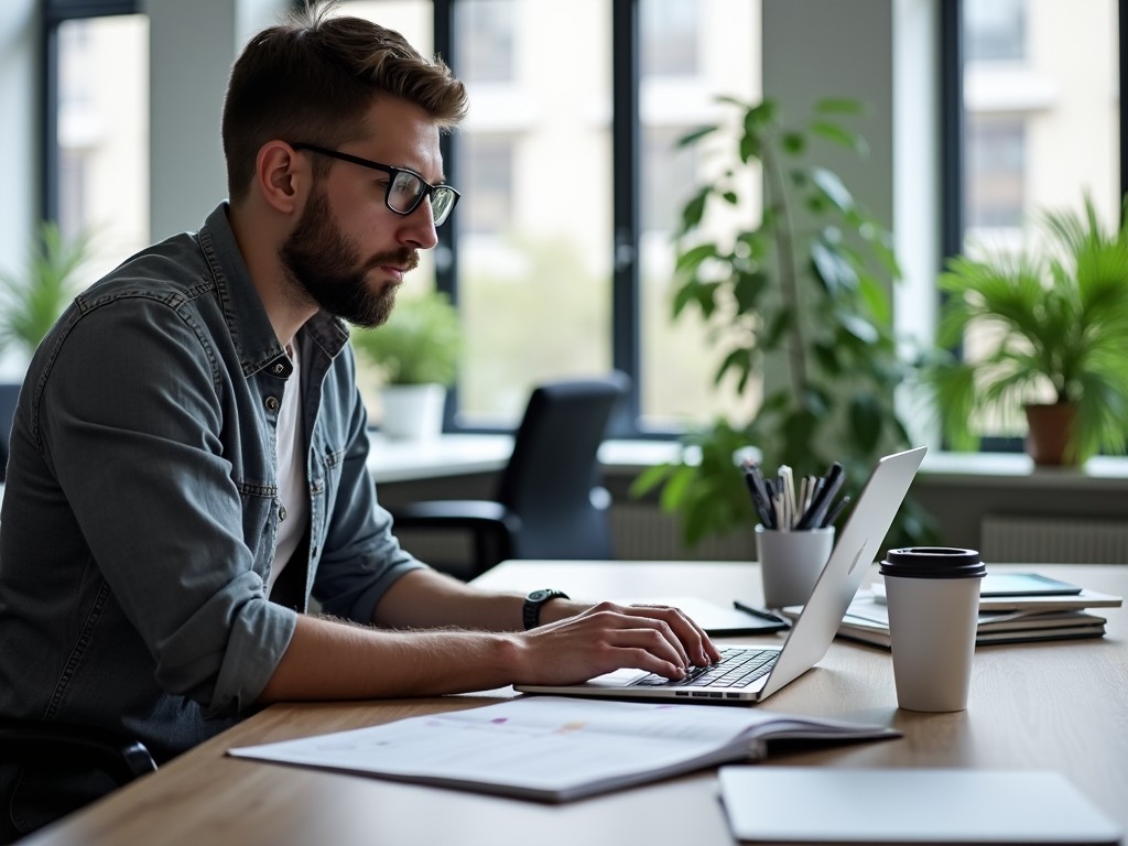 A man is sitting at a desk in a modern office workspace. He is focused on his laptop, wearing glasses and dressed casually. The office has large windows allowing natural light to flood in, complemented by greenery in the background. A cup of coffee sits next to him, along with some documents. The scene conveys a sense of productivity and calmness, ideal for remote work. This image captures the essence of modern professional life.